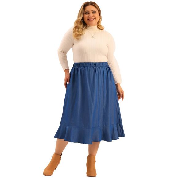 Plus Size Midi Skirt Elastic Waist Denim Tiered Pleated Hem Chambray Skirts Blue - Picture 3 of 6